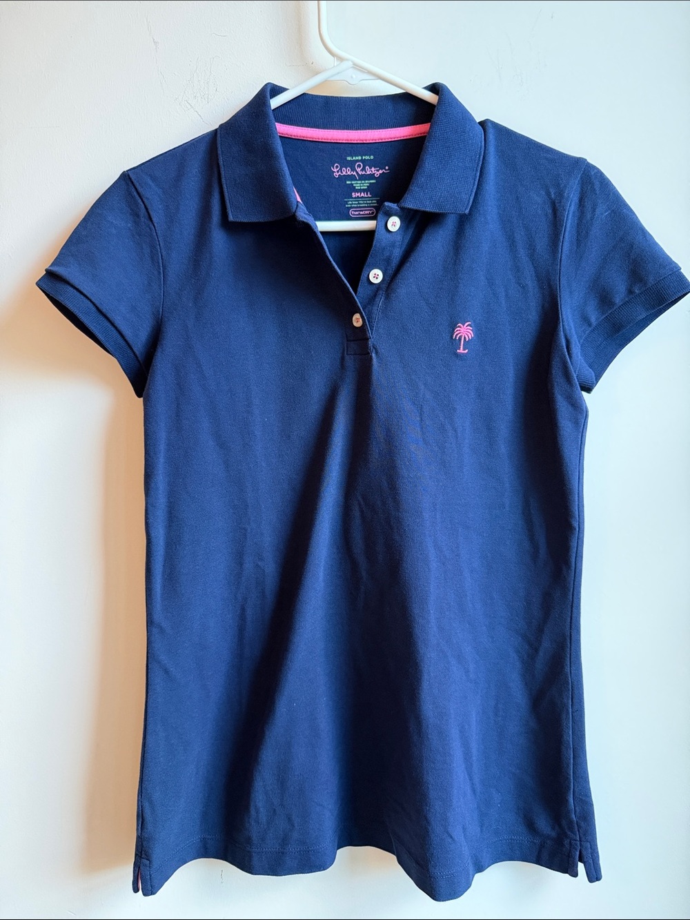 Lilly Pulitzer Navy Polo with Pink Palm Embroidery